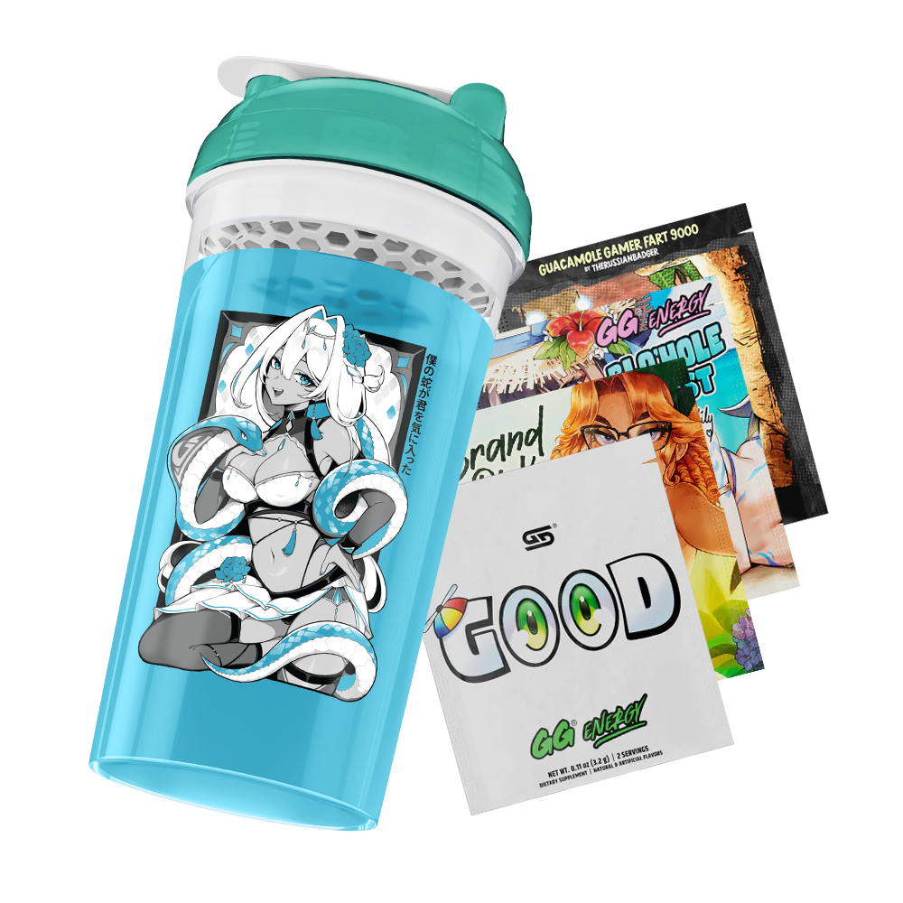 Blue and teal shaker bottle with cartoon design