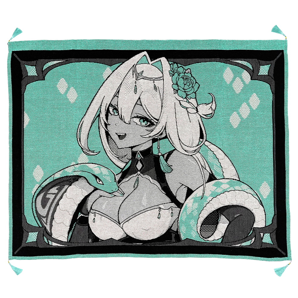 Anime character with white hair and green accents on a teal background