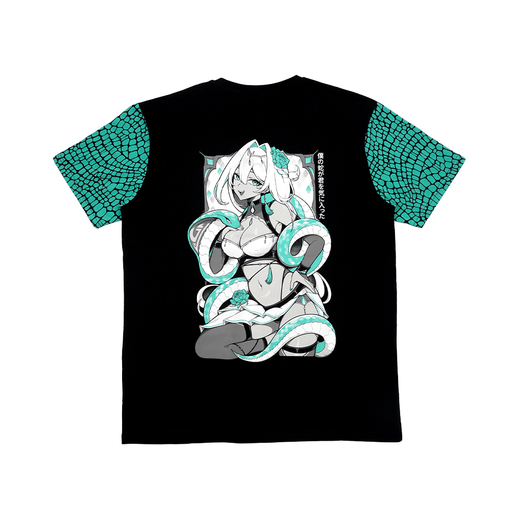 Black t-shirt with turquoise scale patterned sleeves and unique design on the back