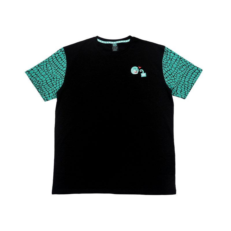 Black t-shirt with turquoise scale patterned sleeves and white design on the back