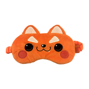 An orange plush sleep mask shaped like a cute cartoon fox face, with embroidered black eyes, a small black nose, white triangular ears, and red circular cheeks, shown on a plain white background.