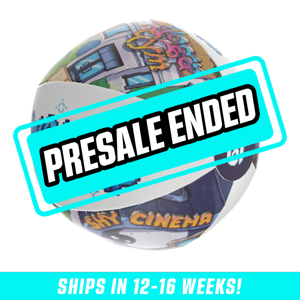 White beach ball with pixel art of buildings, blue pixelated text, and a black circular logo on the side.