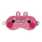 A pink plush sleep mask with a cute cartoon face, featuring bunny ears on top, embroidered facial details, and white elastic straps on both sides, shown against a plain white background.
