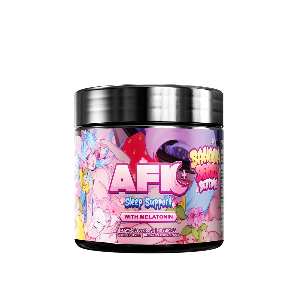 Black jar with colorful cartoon-style "Bananaberry Bedtime" label and detailed supplement facts on a pink background