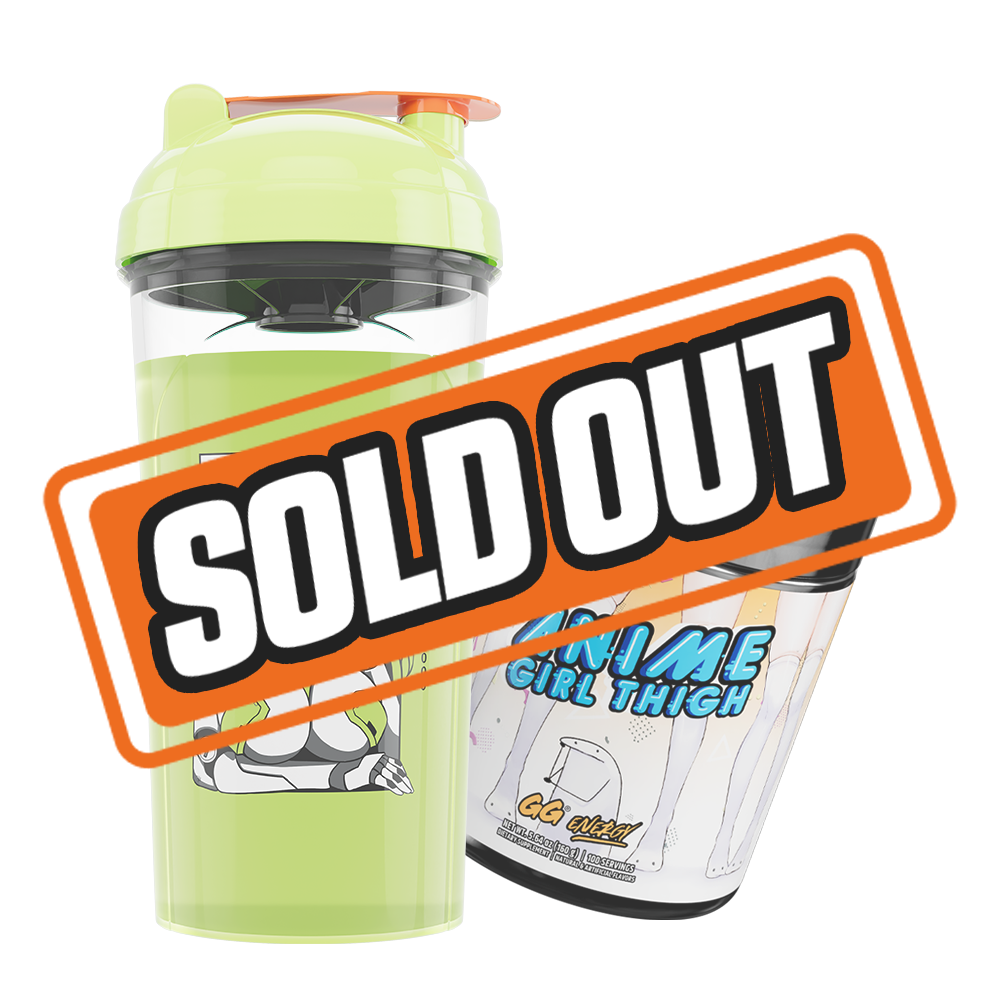 Light green shaker cup with anime green-haired android and black tub with dinosaur and cavemen art