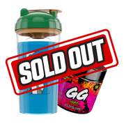 Blue anime girl graphic on clear cup with green lid and yellow-green tub labeled GG Misfits Melon caffeine free.