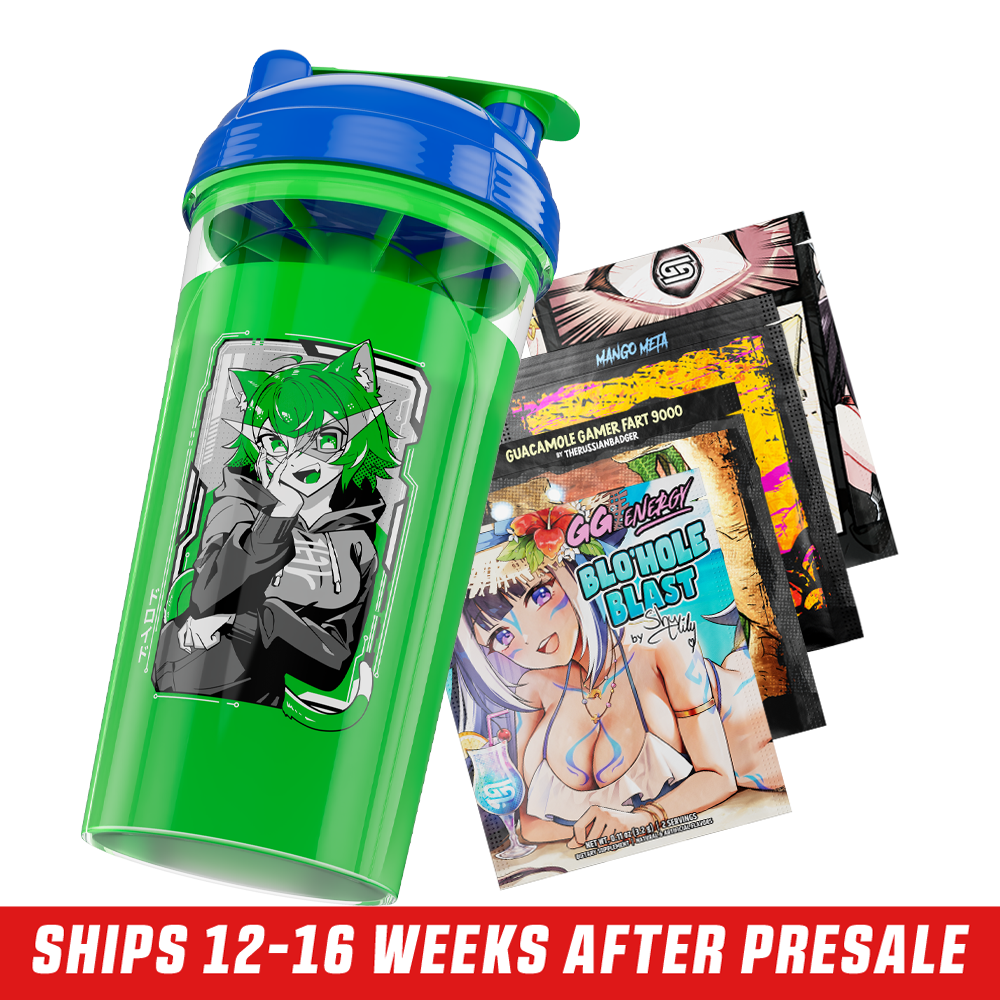 Clear shaker cup with blue lid, green flip cap, green mixing insert, and bold black and white logo on the side.