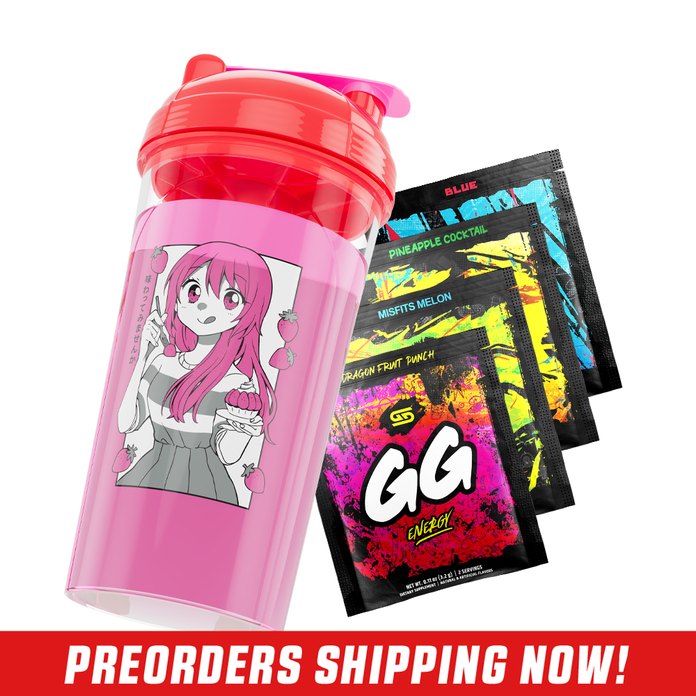 Clear shaker cup with red lid featuring black and white anime-style characters and playful doodles on the side