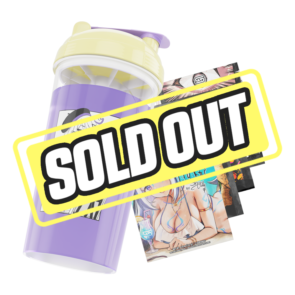 Clear shaker bottle with yellow lid and purple flip cap, featuring black-and-white anime girl with braided hair and beret.
