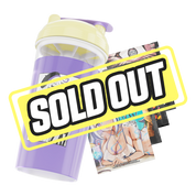 Clear shaker bottle with yellow lid and purple flip cap, featuring black-and-white anime girl with braided hair and beret.