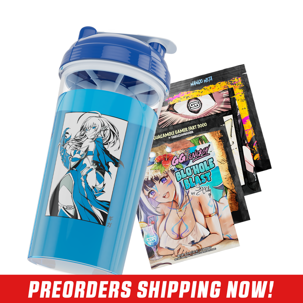 Clear plastic shaker cup with a blue lid and black stylized "GD" logo on the side