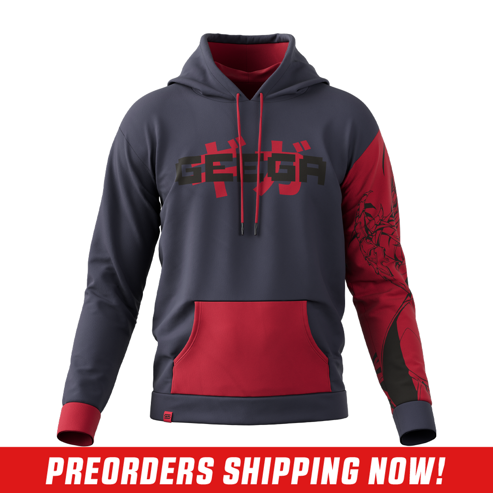 Close-up of a red and black anime-style character graphic on a black and red hoodie sleeve.