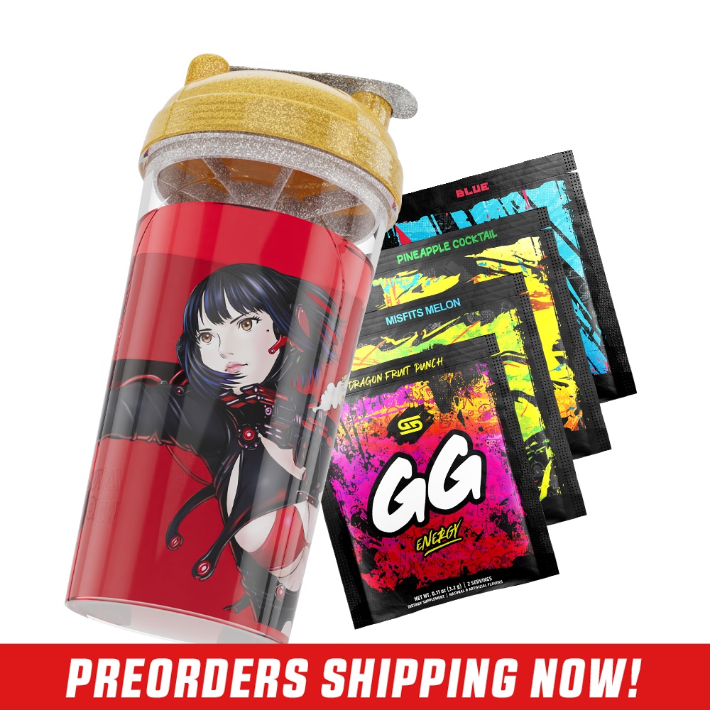 Clear tumbler with gold glitter lid featuring an anime woman with black hair and red accents in a futuristic outfit.
