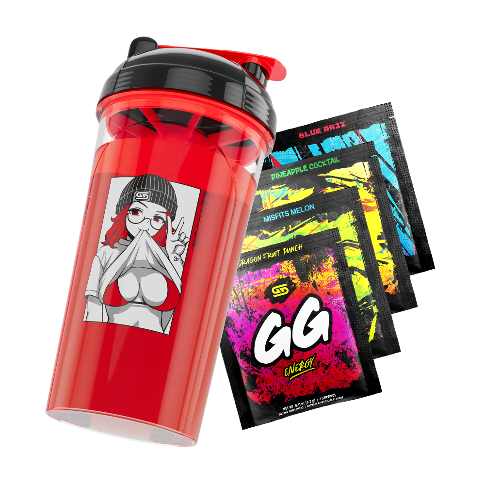 Red shaker cup with black lid featuring anime girl lifting her shirt, next to four colorful GG Energy drink packets.