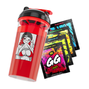 Red shaker cup with black lid featuring anime girl lifting her shirt, next to four colorful GG Energy drink packets.