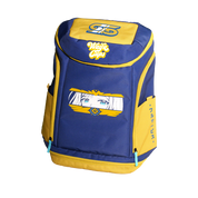 Blue and yellow backpack with Japanese text on the yellow front pocket and a turquoise zipper pull tab.