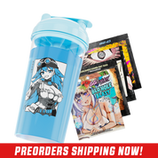 Clear shaker cup with a light blue lid and a bold black and white stylized logo on the side