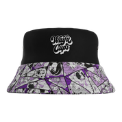 Black bucket hat with white "Waifu Cups" text and purple and white anime character collage on the brim and underside.