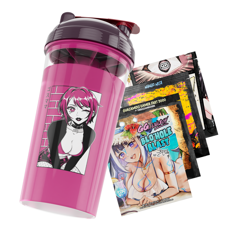 Clear shaker cup with dark purple lid and black-and-white anime girl graphic wearing a skull jacket and fishnet stockings
