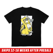 Black shirt with a yellow and gray anime-style female character holding a sword and Japanese text at the bottom.
