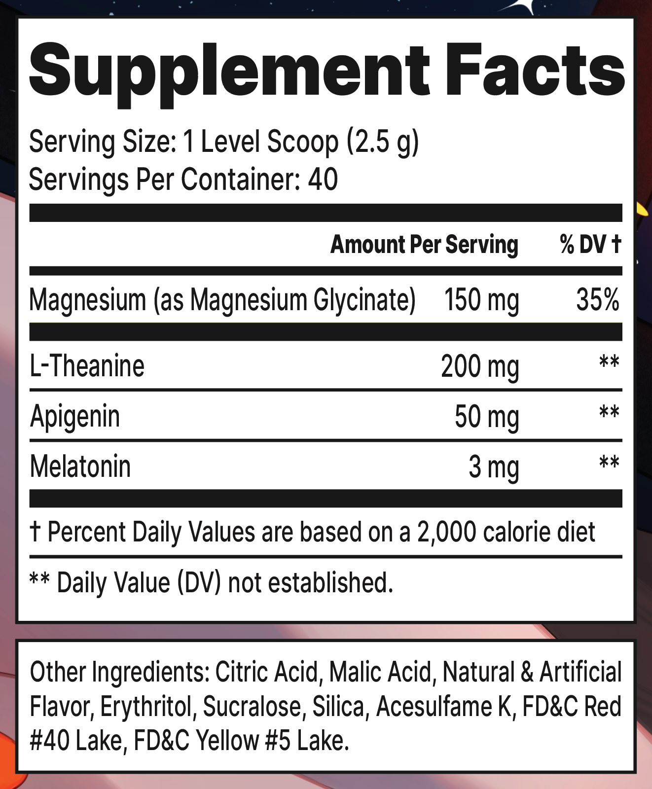 AFK+ (with Melatonin): Sweet Dreams by Sinder - 40 Servings Nutrition Chart