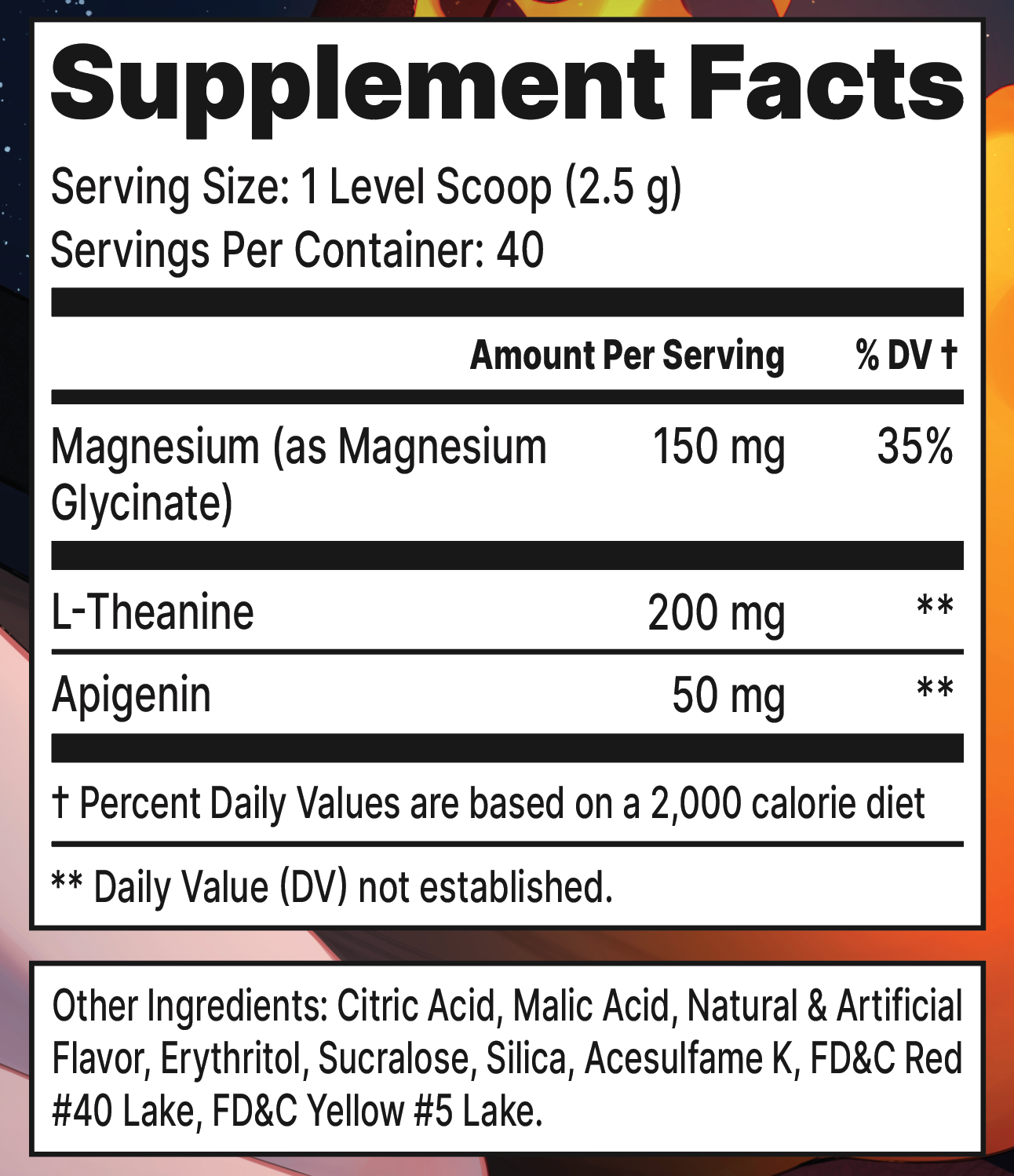 AFK Sweet Dreams by Sinder - 40 Servings Nutrition Chart