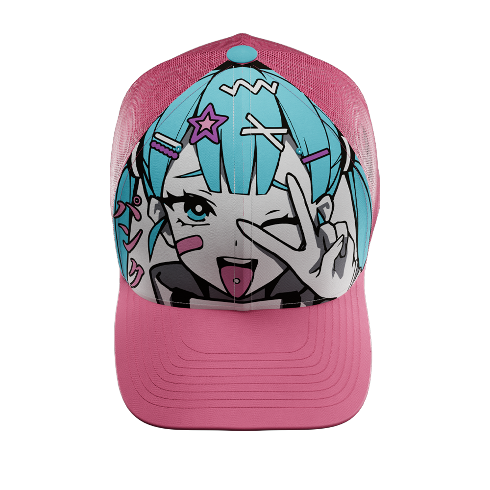 Pink mesh snapback hat with a solid curved brim and a light blue adjustable strap at the back.