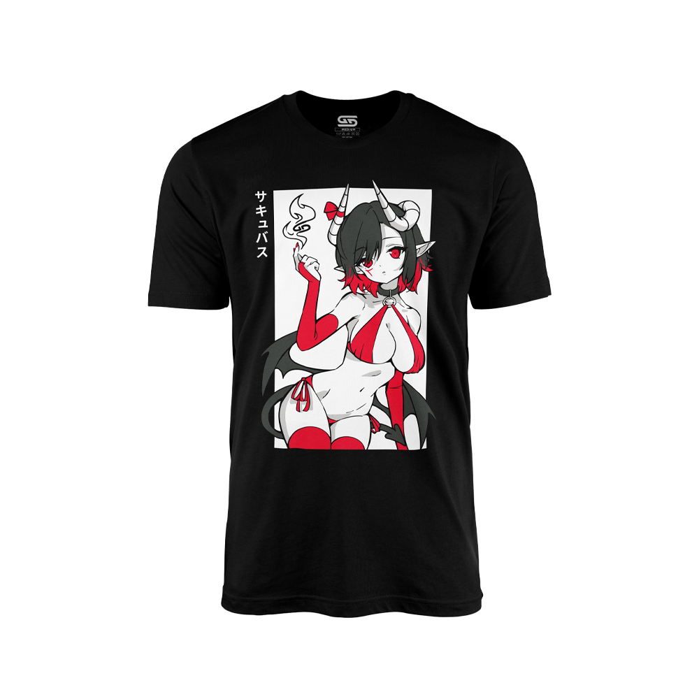 Black Succubus Waifu Shirt showing Graphic with Red, Black, and White Coloring, and Gamer Supps logo printed on tag