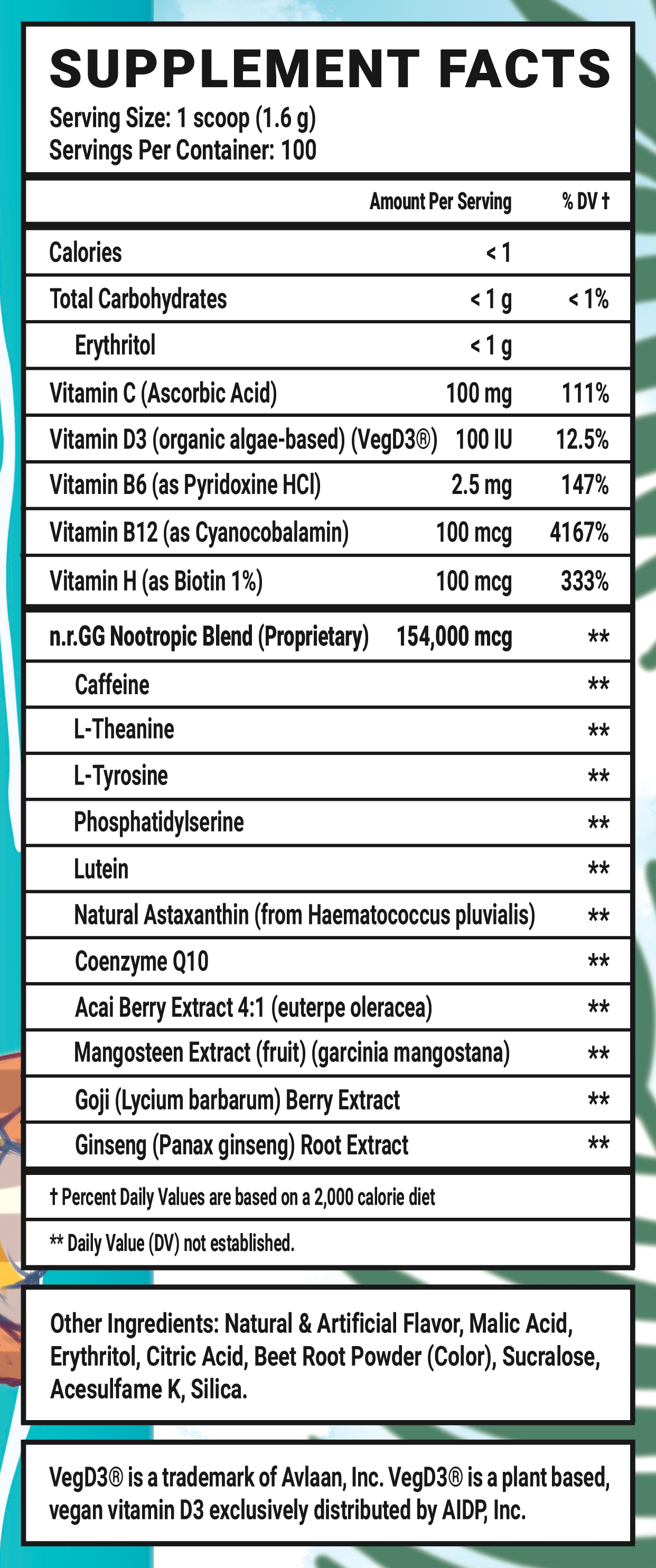 Sweet Six Pack - 100 Servings Nutrition Chart