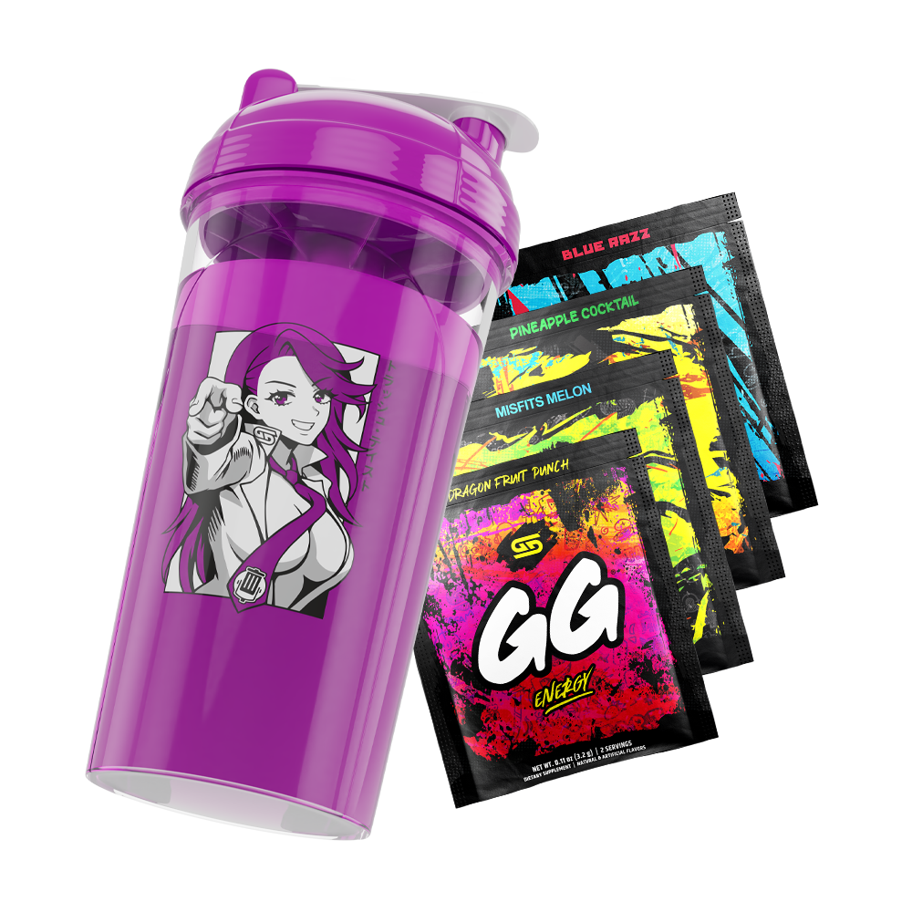 Purple shaker cup with anime woman pointing and four colorful GG Energy powder packets in assorted flavors.