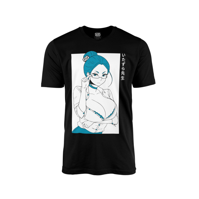 Black shirt with a blue-haired anime teacher adjusting glasses and Japanese text on the right side of the design.